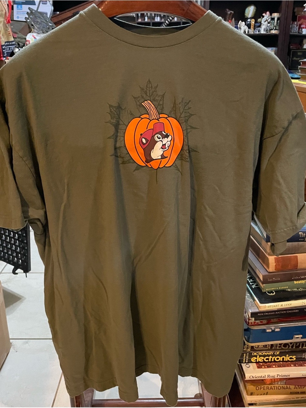 Olive Green Short Sleeve Graphic Tee with Pumpkin Character